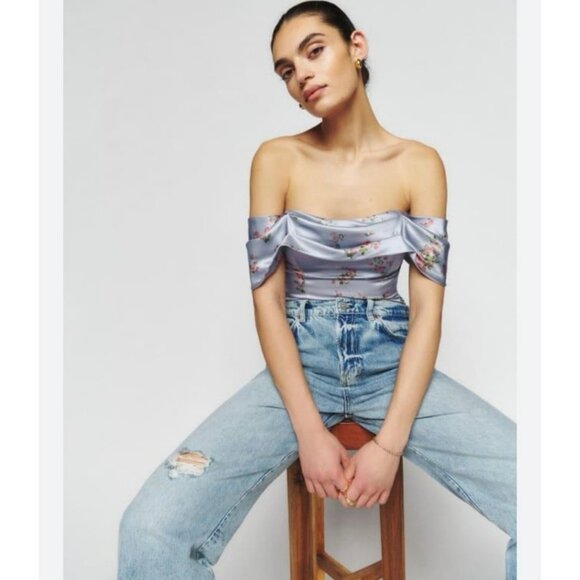 NWOT Reformation Lux Off-Shoulder Floral 100% Silk Top Size 2 Lilac Print - Picture 1 of 9